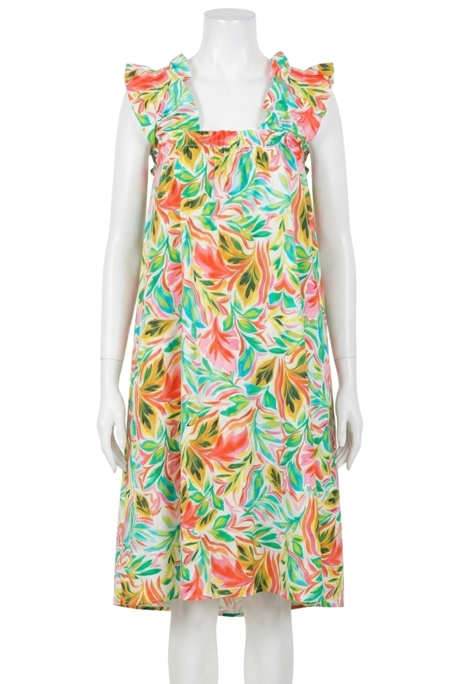 NEW THML ruffle sleeve tropical leaf print midi dress in floral